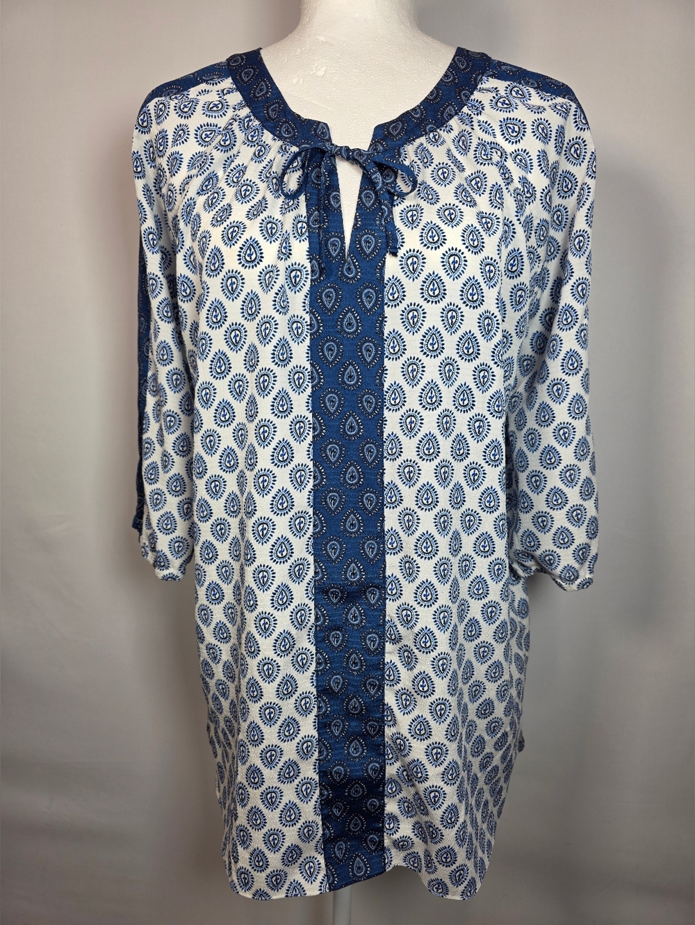 Rachel Zoe Boho Paisley Blouse Blue White Tunic Top Tie Neck Size‎ Small S